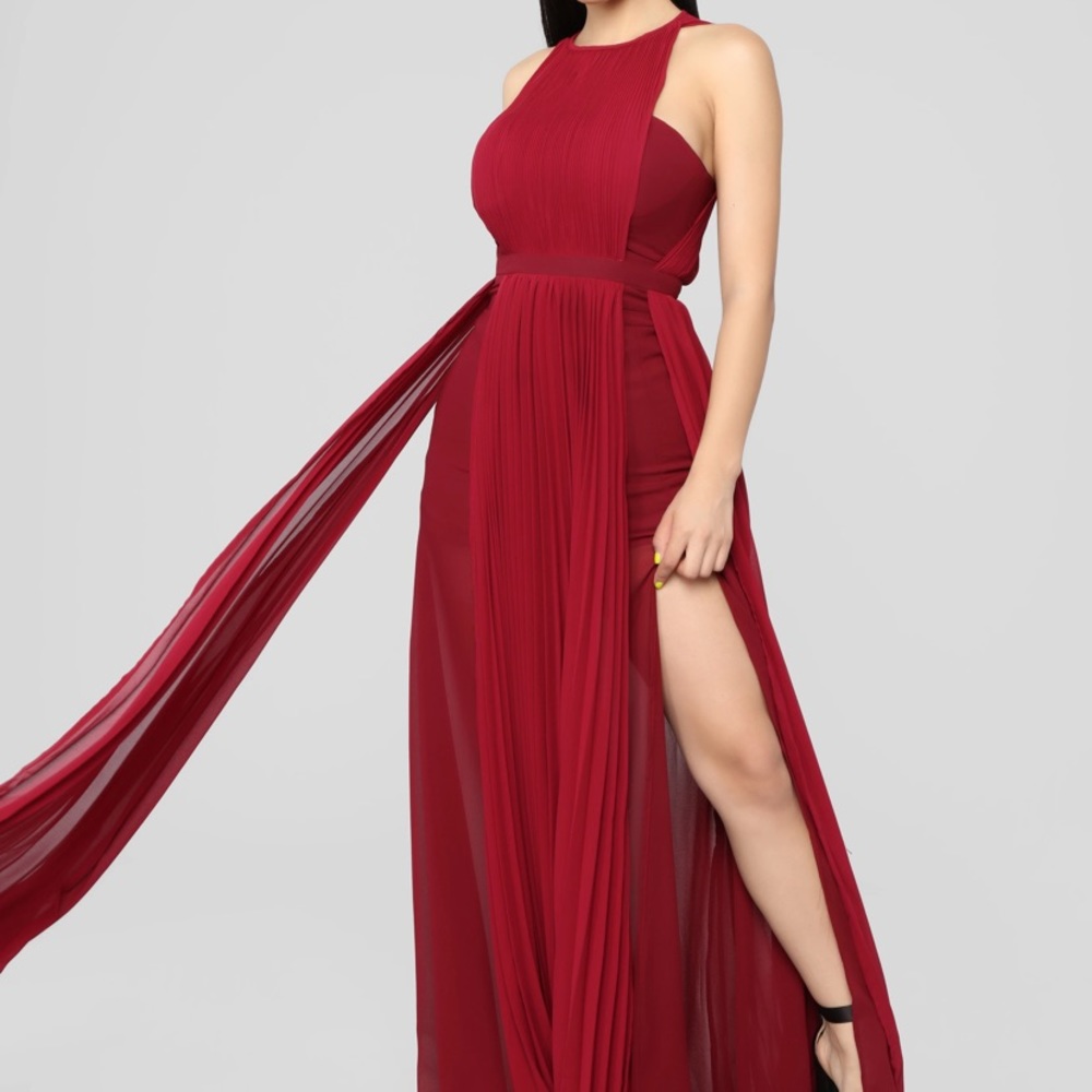 Brand New: Red chiffon high neck maxi slit dress